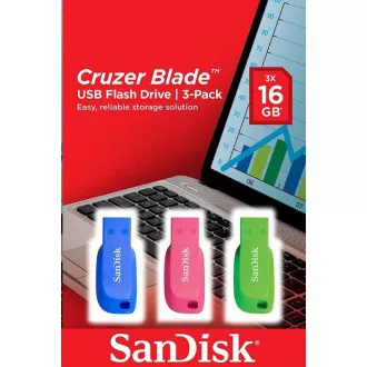 SanDisk Flash Disk 16GB Cruzer Blade (3er Pack, 3x 16GB) USB 2.0, blau, grün, pink
