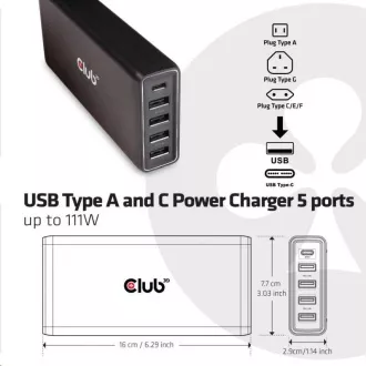 Club3D USB-Ladegerät Typ A und C, 5 Ports, 111 W