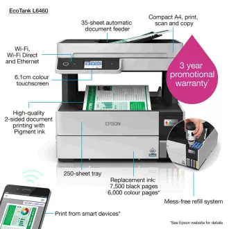 EPSON Drucker EcoTank L6460, 3in1, A4, 1200x4800dpi, 37ppm, USB, Duplex