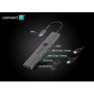 CONNECT IT USB-C Hub, 2x USB-A, 1x USB-C, 1x SD-Karte, 1x MicroSD-Karte, grau