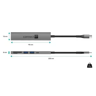 CONNECT IT USB-C Hub, 2x USB-A, 1x USB-C, 1x SD-Karte, 1x MicroSD-Karte, grau