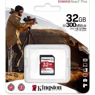 Kingston 32GB Canvas React Plus SDHC UHS-II 300R/260W U3 V90 für Full HD/4K/8K Kingston 32GB Canvas React Plus SDHC UHS-II 300R/260W U3 V90 für Full HD/4K/8K