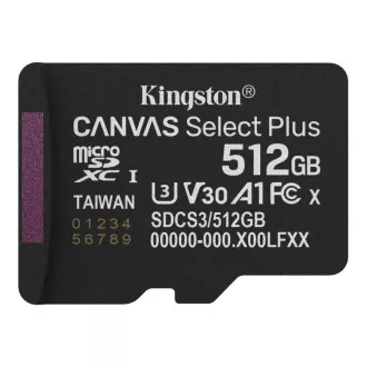 Kingston MicroSDXC 512GB Canvas Select Plus, U3, V30, A1 Kingston MicroSDXC 512GB Canvas Select Plus, U3, V30, A1