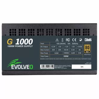 EVOLVEO G1000, Netzteil 1000W, 80  GOLD, ATX 3.1, aPFC, 140 mm Lüfter, voll modular, 3 Jahre Garantie, schwarz