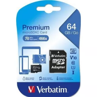 VERBATIM MicroSDXC-Karte 64GB Premium, U1 + Adapter
