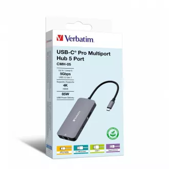 VERBATIM Hub USB-C Pro Multiport 5 Port, 2x USB 3.2, 1x USB-C, HDMI, RJ45, grau