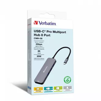 VERBATIM Hub USB-C Pro Multiport 8 Port, 3x USB 3.2, 1x USB-C, 2xHDMI, microSD/SD, grau