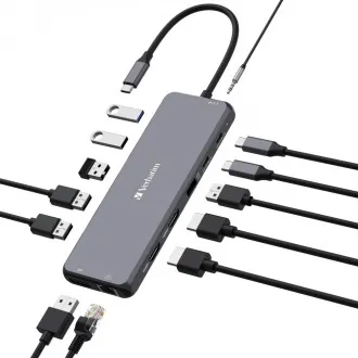 VERBATIM Hub USB-C Pro Multiport 13 Port, 6x USB-A, 2x USB-C, 2x HDMI, DP, RJ45, 3.5mm Klinke Audio, grau VERBATIM Hub USB-C Pro Multiport 13 Port, 6x USB-A, 2x USB-C, 2x HDMI, DP, RJ45, 3.5mm Klinke Audio, grau