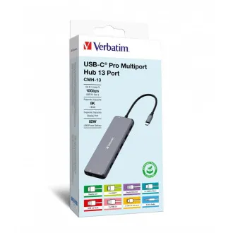 VERBATIM Hub USB-C Pro Multiport 13 Port, 6x USB-A, 2x USB-C, 2x HDMI, DP, RJ45, 3.5mm Klinke Audio, grau VERBATIM Hub USB-C Pro Multiport 13 Port, 6x USB-A, 2x USB-C, 2x HDMI, DP, RJ45, 3.5mm Klinke Audio, grau