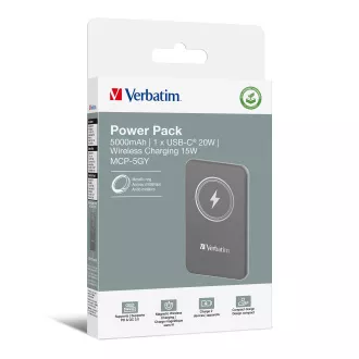 VERBATIM Powerbank Charge 'n' Go, Magnetisch, 5000 mAh, USB-C, Grau