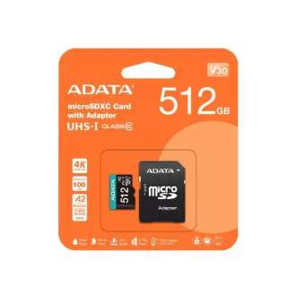ADATA MicroSDXC-Karte 512GB Premier Pro UHS-I V30S (R:100/W:80 MB/s)   SD-Adapter