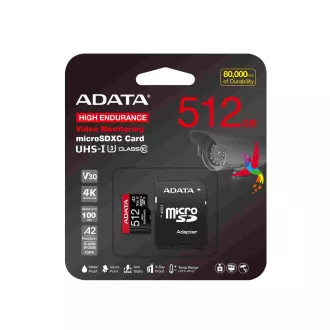 ADATA MicroSDXC-Karte 512GB High Endurance UHS-I C10 V30 A2 (R:100/W:85 MB/s)   SD-Adapter