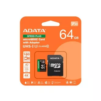 ADATA MicroSDXC-Karte 64GB Speed Plus, U3, C10, A2, V30 (R:160/W:140 MB/s)   SD-Adapter