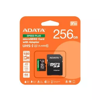 ADATA MicroSDXC-Karte 256GB Speed Plus, U3, C10, A2, V30 (R:180/W:160 MB/s)   SD-Adapter