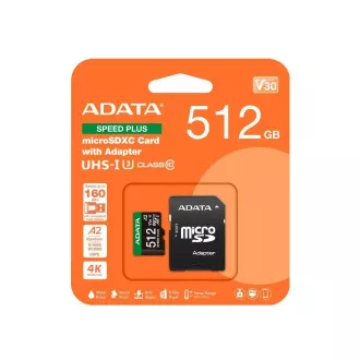 ADATA MicroSDXC-Karte 512GB Speed Plus, U3, C10, A2, V30 (R:180/W:160 MB/s)   SD-Adapter