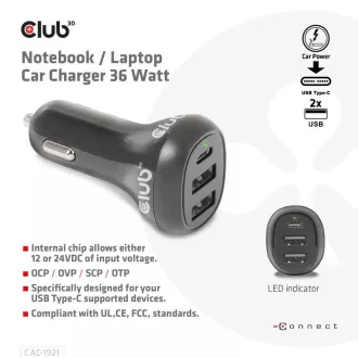 Club3D Autoladegerät für Laptops 36W, 3 Anschlüsse (2xUSB-A   USB-C)