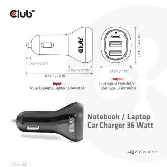 Club3D Autoladegerät für Laptops 36W, 3 Anschlüsse (2xUSB-A   USB-C)
