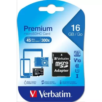 VERBATIM MicroSDHC-Karte 16 GB Premium, U1 + SD-Adapter VERBATIM MicroSDHC-Karte 16 GB Premium, U1 + SD-Adapter