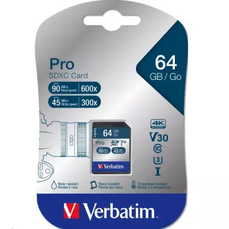 VERBATIM SDXC-Karte 64GB Pro, U3, V30 (R: 90/B: 45 MB/s)