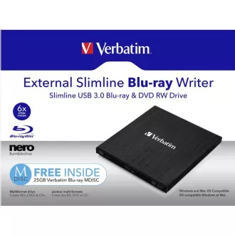 VERBATIM Externes Laufwerk Slimline Blu-ray Rewriter USB 3.0 Free BR Disc 25GB (CD DVD BD Mdisc) NERO VERBATIM Externes Laufwerk Slimline Blu-ray Rewriter USB 3.0 Free BR Disc 25GB (CD DVD BD Mdisc) NERO
