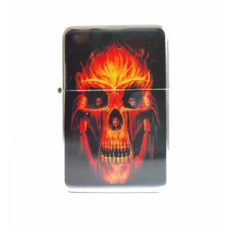 Benzinfeuerzeug mit Feuer-Totenkopf-Motiv Benzinfeuerzeug mit Feuer-Totenkopf-Motiv