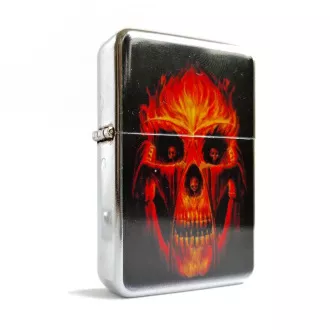 Benzinfeuerzeug mit Feuer-Totenkopf-Motiv Benzinfeuerzeug mit Feuer-Totenkopf-Motiv