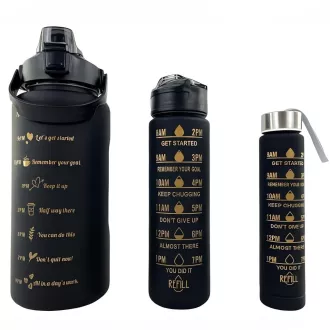 Motivations-Sportflasche 3in1, 2000 ml   900 ml   300 ml, Schwarz