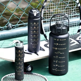 Motivations-Sportflasche 3in1, 2000 ml   900 ml   300 ml, Schwarz