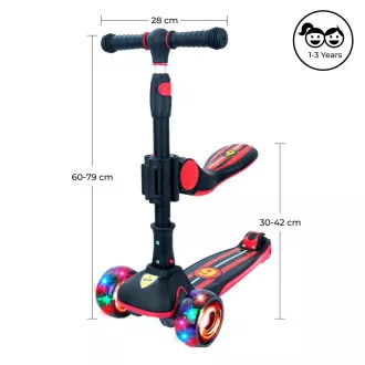 Dreirädriger Kinderroller Story 2in1 Deluxe Mini-Scooter mit Leuchträdern, schwarz und rot