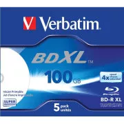 VERBATIM BD-R XL (5er-Pack) Blu-Ray / Jewel / DL / 4x / 100GB / BREITE WHITE INKJET BEDRUCKBARE HARDCOAT-OBERFLÄCHE