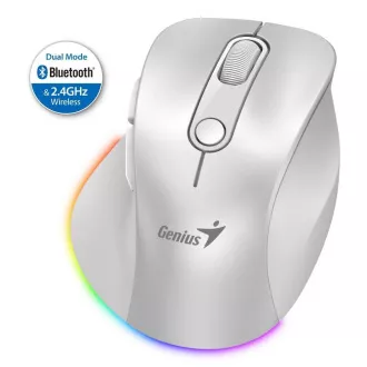 Genius Ergo 9000S Pro Mouse, kabellos, optisch, 2400DPI, 6 Tasten, BT, 2.4GHz, USB-C Laden, geräuschlos, 7-farbige Hintergrundbeleuchtung, weiß