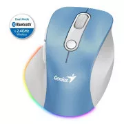 Genius Ergo 9000S Pro Mouse, kabellos, optisch, 2400DPI, 6 Tasten, BT, 2.4GHz, USB-C Laden, geräuschlos, 7-farbige Hintergrundbeleuchtung, blau und weiß