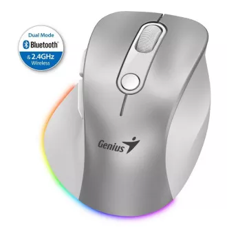 Genius Ergo 9000S Pro Mouse, kabellos, optisch, 2400DPI, 6 Tasten, BT, 2.4GHz, USB-C Laden, geräuschlos, 7-farbige Hintergrundbeleuchtung, silber