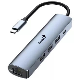 Genius UH-545 USB Hub, extern, USB-C auf 3× USB 3.0, 1× USB-C, RJ-45 Gigabit Ethernet, 15cm, grau