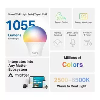 TP-Link Tapo L535E, Smart Wi-Fi LED-Glühbirne Farbe, 2500-6500K, E27 TP-Link Tapo L535E, Smart Wi-Fi LED-Glühbirne Farbe, 2500-6500K, E27