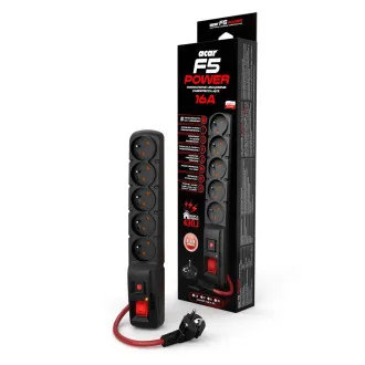 Acar F5 3m Kabel, 5 Steckdosen, Überspannungsschutz, max. Strom 16A, schwarz Acar F5 3m Kabel, 5 Steckdosen, Überspannungsschutz, max. Strom 16A, schwarz