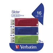 Verbatim USB-Flash-Laufwerk, USB 2.0, 16GB, Slider, grün, blau, rot, 49326, USB A, mit Slide-out-Anschluss, 3 Stück