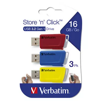 Verbatim USB-Flash-Laufwerk, USB 3.0, 16 GB, Store N Click, gemischte Farben, 49306, USB A, mit ausziehbarem Anschluss, 3 Stück