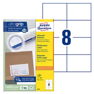Avery Zweckform Etiketten 105 mm x 74 mm, A4, weiß, 8 Etiketten, Packung à 100 Stück, 3427, für Laser- und Tintenstrahldrucker sowie Kopierer Avery Zweckform Etiketten 105 mm x 74 mm, A4, weiß, 8 Etiketten, Packung à 100 Stück, 3427, für Laser- und Tintenstrahldrucker sowie Kopierer