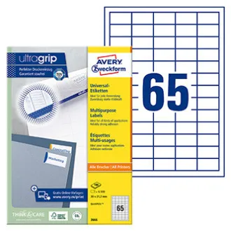Avery Zweckform Etiketten 38 x 21,2 mm, A4, weiß, 65 Etiketten, 100er-Pack, 3666, für Laser- und Tintenstrahldrucker, Kopierer