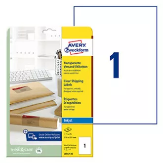Avery Zweckform Etiketten 210mm x 297mm, A4, transparent, transparent, 1 Etikett, für Verpackungen, verpackt 25 Stück, J8567-25, für atramen Avery Zweckform Etiketten 210mm x 297mm, A4, transparent, transparent, 1 Etikett, für Verpackungen, verpackt 25 Stück, J8567-25, für atramen