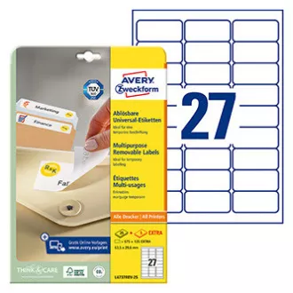 Avery Zweckform Etiketten 63,5 mm x 29,6 mm, A4, weiß, 27 Etiketten, ablösbar, 25er-Pack, L4737REV-25, für Laser und Inkjet