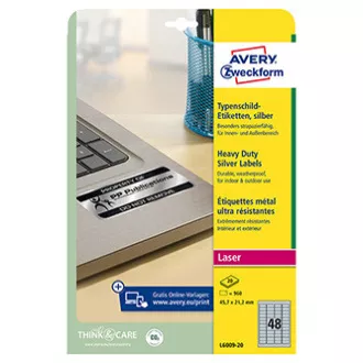 Avery Zweckform Etiketten 45,7mm x 21,2mm, A4, silber, 48 Etiketten, sehr haltbar, 20 Stück verpackt, L6009-20, für Laserdrucker Avery Zweckform Etiketten 45,7mm x 21,2mm, A4, silber, 48 Etiketten, sehr haltbar, 20 Stück verpackt, L6009-20, für Laserdrucker