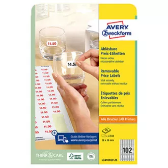 Avery Zweckform Preisetiketten 26mm x 16mm, A4, weiß, 102 Etiketten, ablösbar, Packung mit 25 Stück, L3410REV-25, für Laser und Inkjet