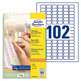 Avery Zweckform Preisetiketten 26mm x 16mm, A4, weiß, 102 Etiketten, ablösbar, Packung mit 25 Stück, L3410REV-25, für Laser und Inkjet