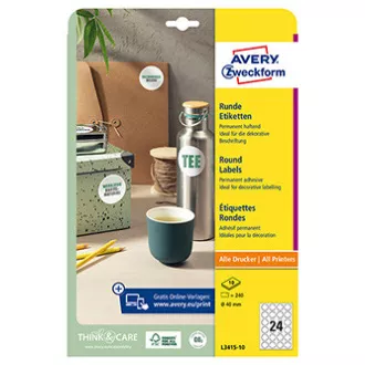 Avery Zweckform Etiketten 40mm, A4, weiß, 24 Etiketten, 10er-Pack, L3415-10, für Laser- und Tintenstrahldrucker, Kopierer