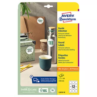 Avery Zweckform Etiketten 60mm, A4, weiß, 12 Etiketten, 10er-Pack, L3416-10, für Laser- und Tintenstrahldrucker, Kopierer