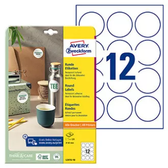 Avery Zweckform Etiketten 60mm, A4, weiß, 12 Etiketten, 10er-Pack, L3416-10, für Laser- und Tintenstrahldrucker, Kopierer