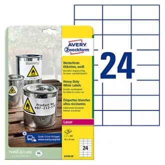 Avery Zweckform Etiketten 70mm x 37mm, A4, matt, weiß, 24 Etiketten, sehr haltbar, 20er-Pack, L4718-20, für Laserdrucker Avery Zweckform Etiketten 70mm x 37mm, A4, matt, weiß, 24 Etiketten, sehr haltbar, 20er-Pack, L4718-20, für Laserdrucker