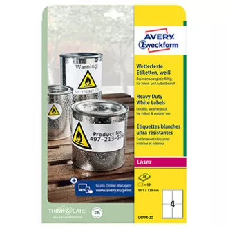 Avery Zweckform Etiketten 99,1mm x 139mm, A4, matt, weiß, 4 Etiketten, sehr haltbar, 20er-Pack, L4774-20, für Laserdrucker